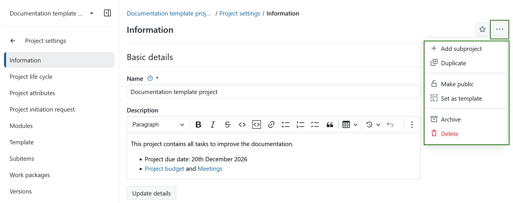 Menú de acciones adicionales en la configuración del proyecto, con opciones para añadir un subproyecto, duplicar el proyecto, hacerlo público, establecerlo como plantilla, archivarlo o eliminarlo