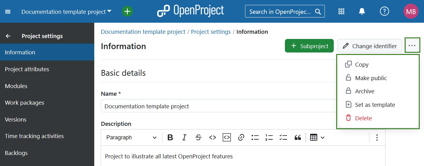 Copy, archive or delete a project in project settings in OpenProject