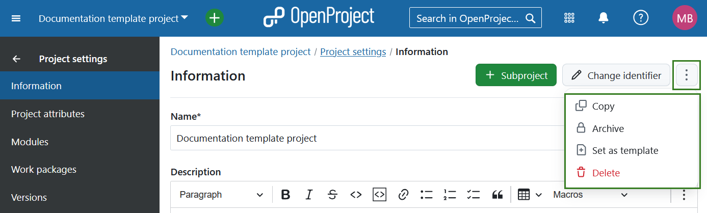 Projekt kopieren, archivieren oder löschen in der Projektkonfiguration in OpenProject