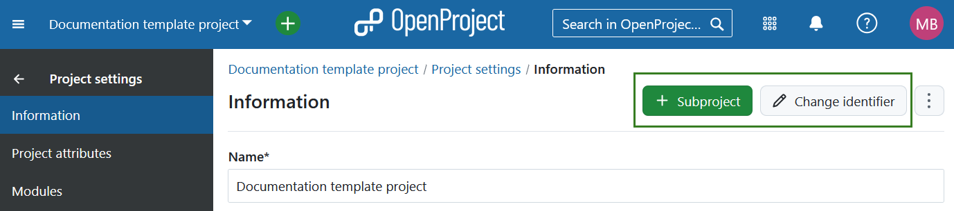 Unterprojekt hinzufügen oder Projektkennung unter den Projektkonfiguration in OpenProject ändern