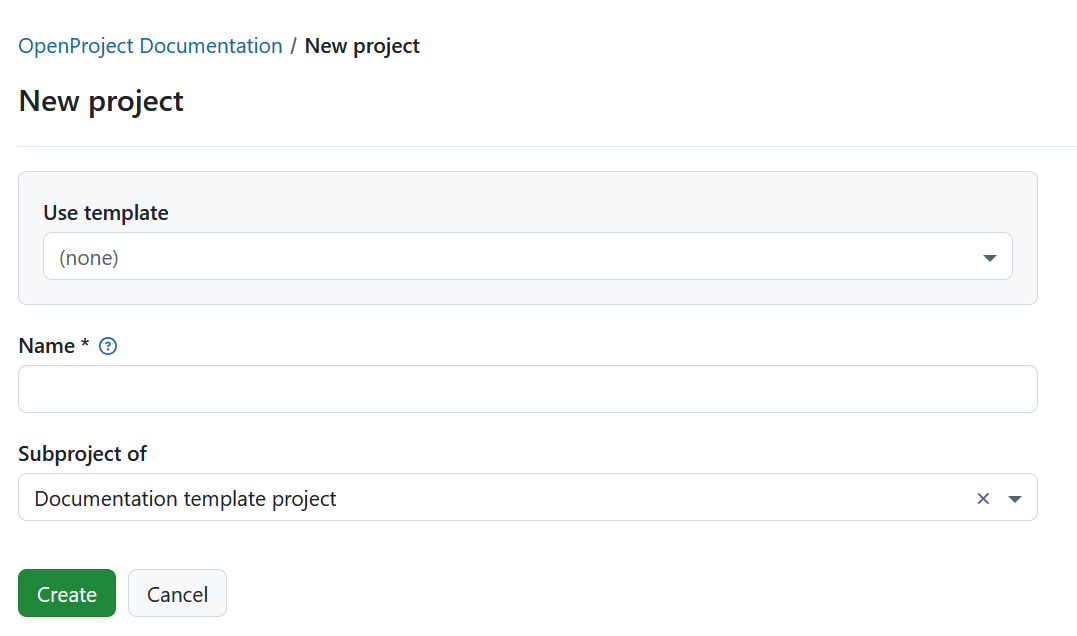 Formulaire pour créer un sous-projet dans OpenProject