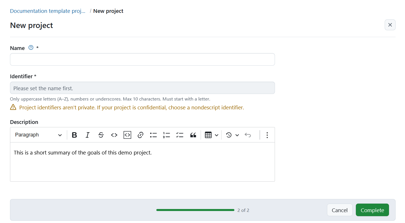 Formulario para crear un subproyecto en OpenProject