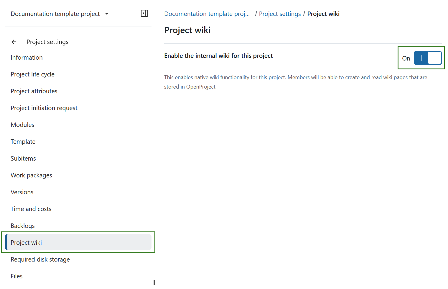 Aktivieren oder deaktivieren Sie das Projekt-Wiki in den Projekteinstellungen von OpenProject