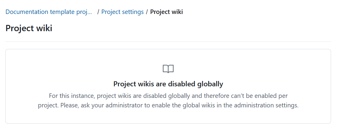Mensaje que indica que las wikis de los proyectos están desactivadas a nivel global en la configuración de la wiki del proyecto OpenProject