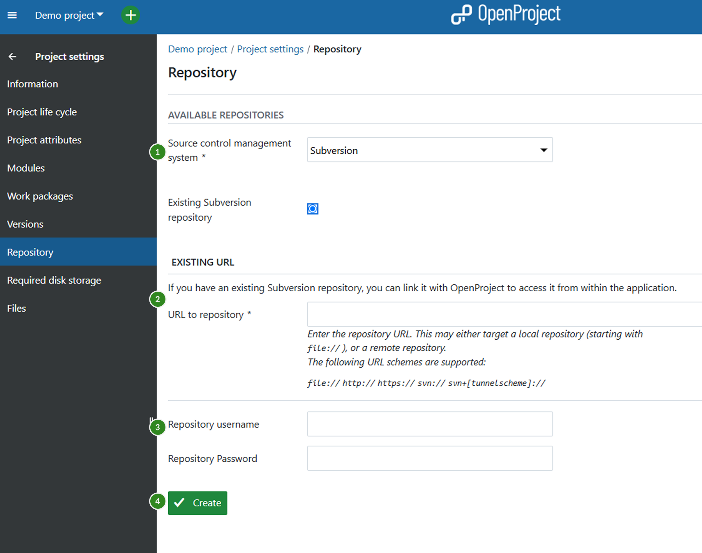 Definições do repositório nas definições do projeto no OpenProject