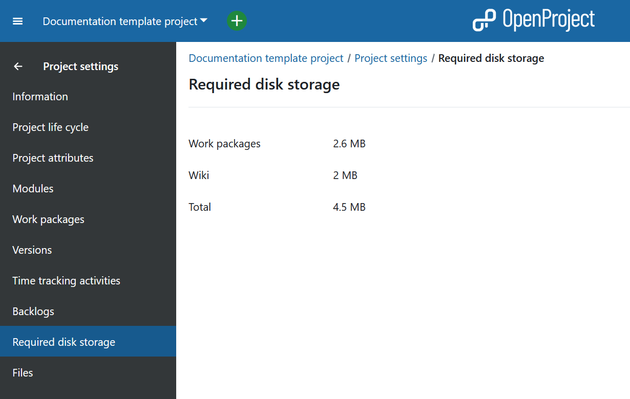 Armazenamento em disco necessário nas definições do OpenProject