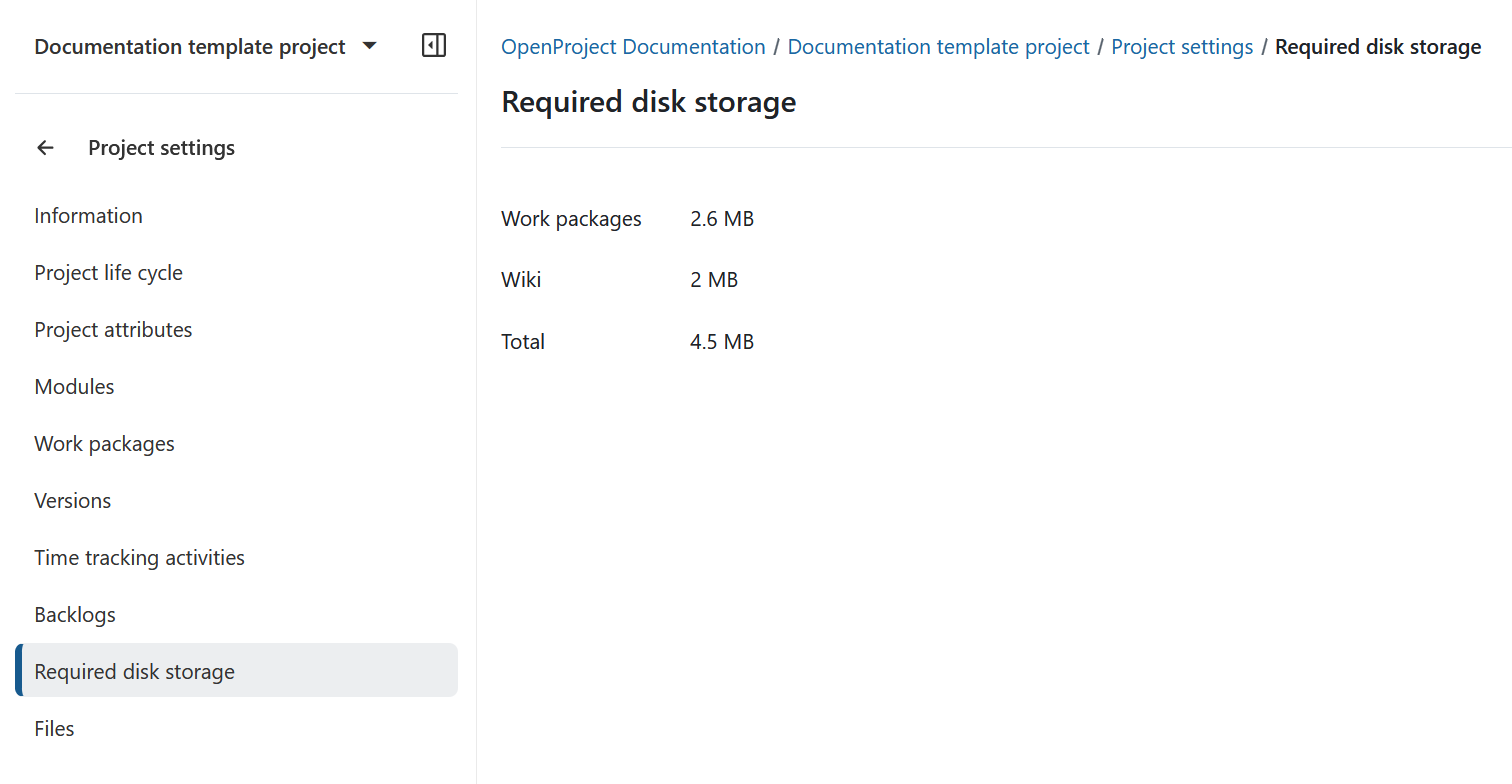 Stockage disque requis dans les paramètres OpenProject