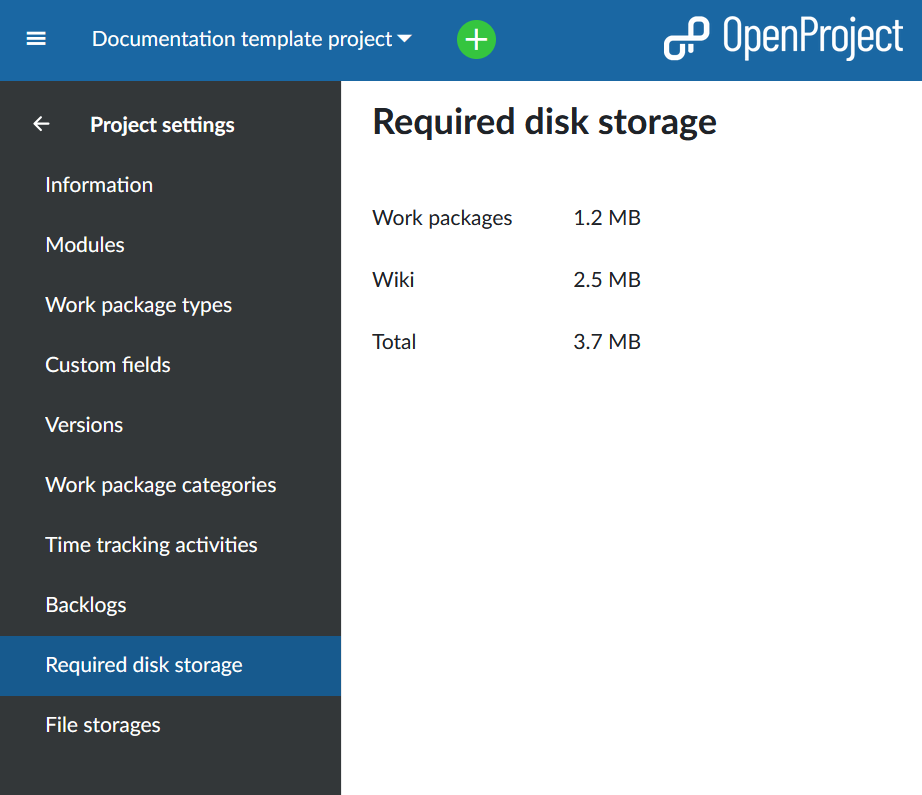 Required disk storage in OpenProject settings