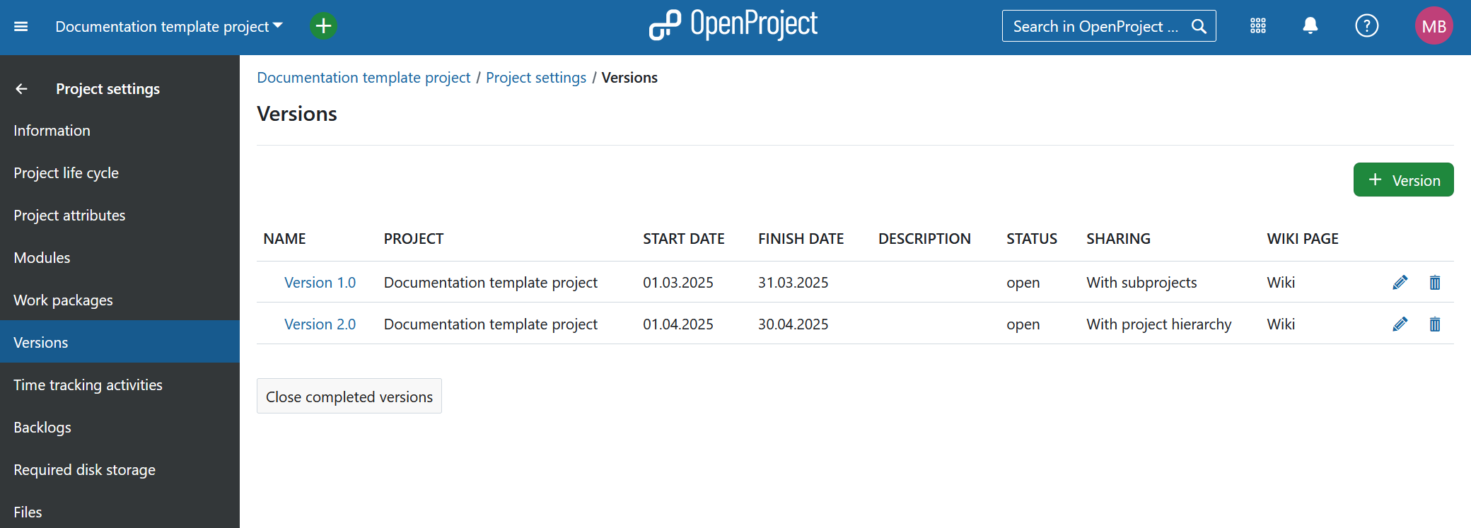 Versionen in der Projektkonfiguration in OpenProject