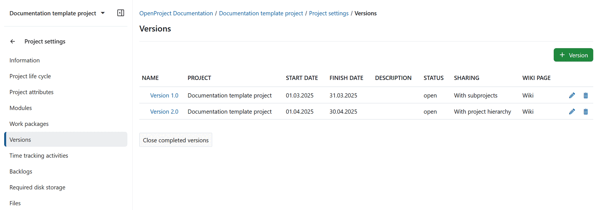 Versions in project settings in OpenProject