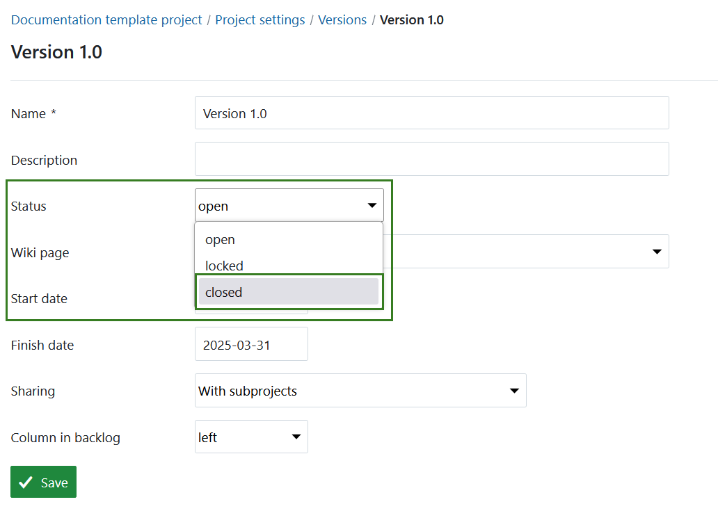 Eine Version in der Projektkonfiguration in OpenProject schließen