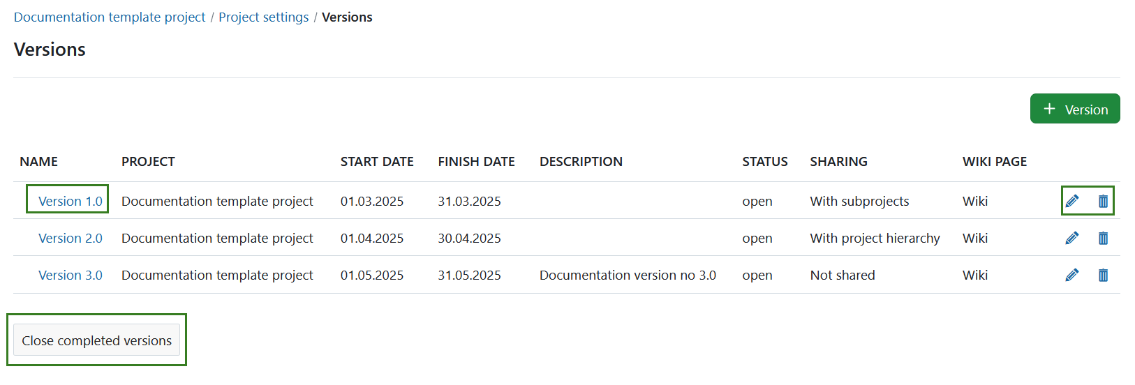 Version bearbeiten oder schließen in der Projektkonfiguration in OpenProject
