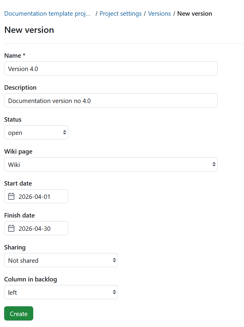Create new version under project settings in OpenProject