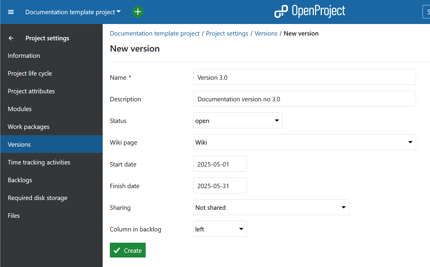Neue Version in der Projektkonfiguration in OpenProject