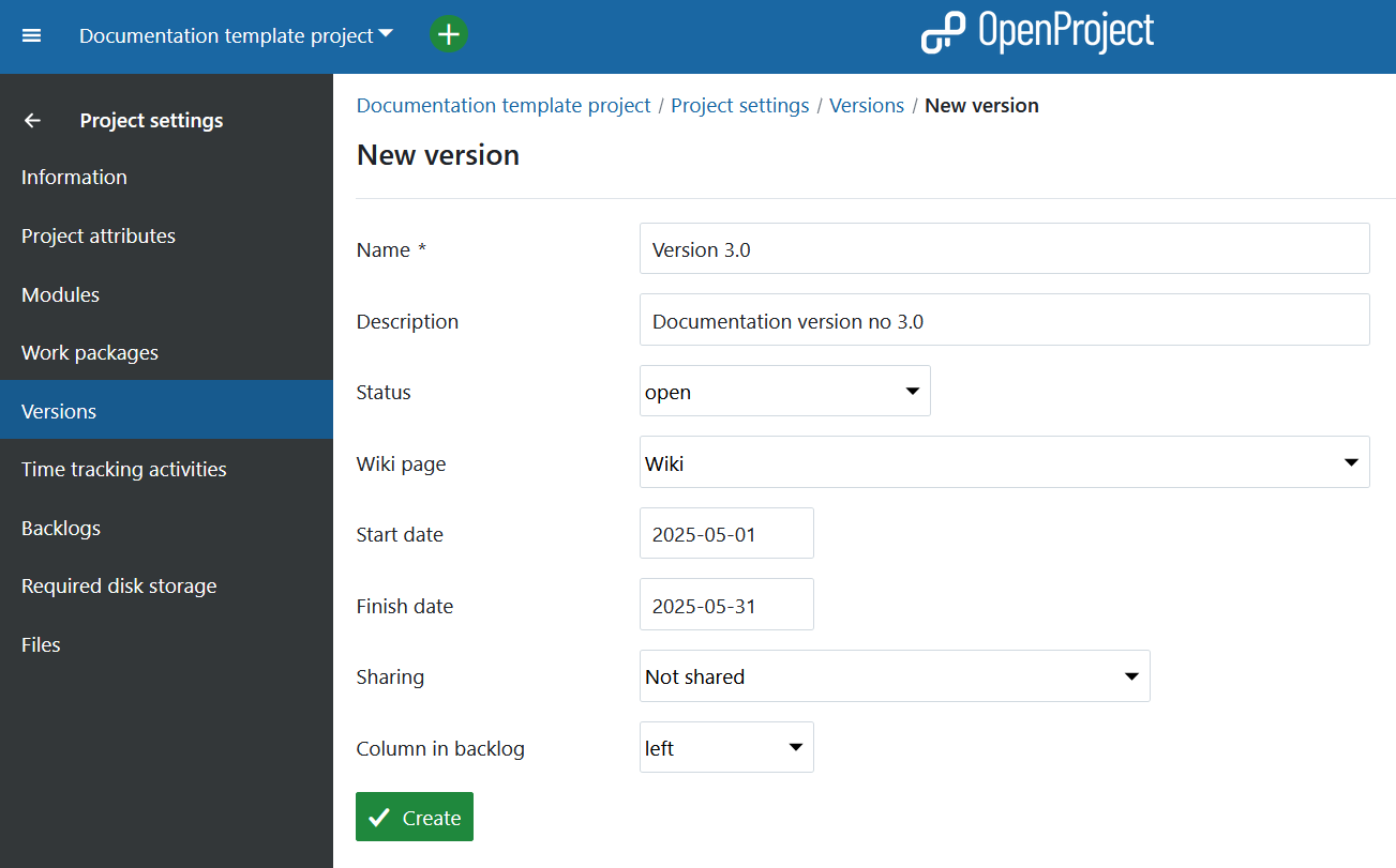Neue Version in der Projektkonfiguration in OpenProject