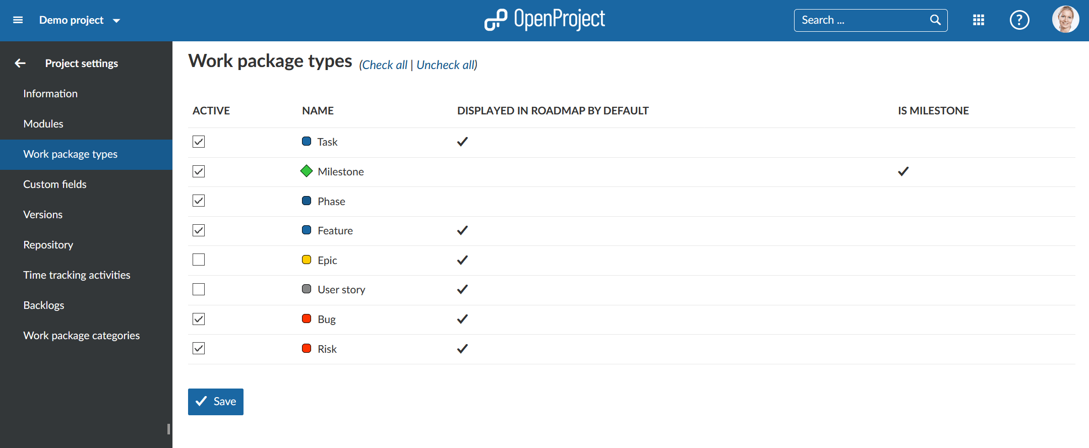 project settings work package types