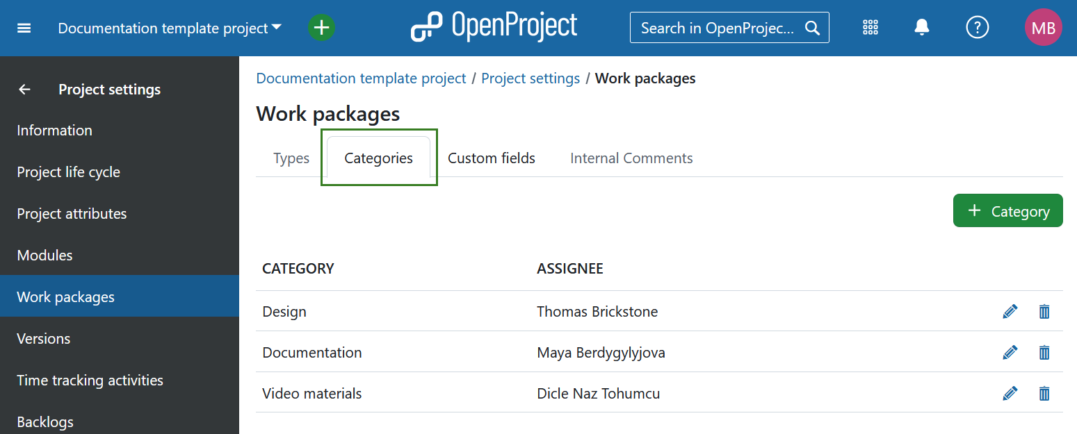 Onglet des catégories de lots de travaux sous le module des lots de travaux dans les paramètres du projet dans OpenProject