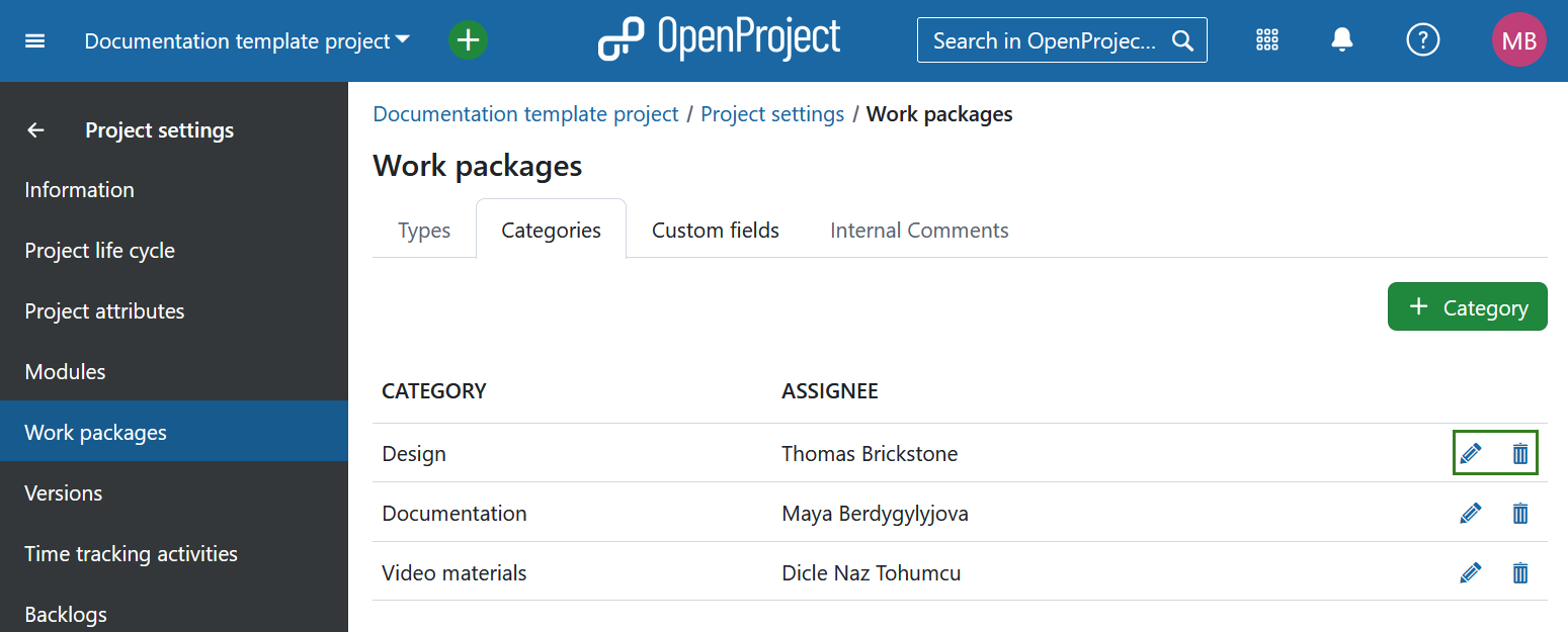 Bearbeiten oder Löschen einer Arbeitspaket-Kategorie unter den Projekteinstellungen in OpenProject