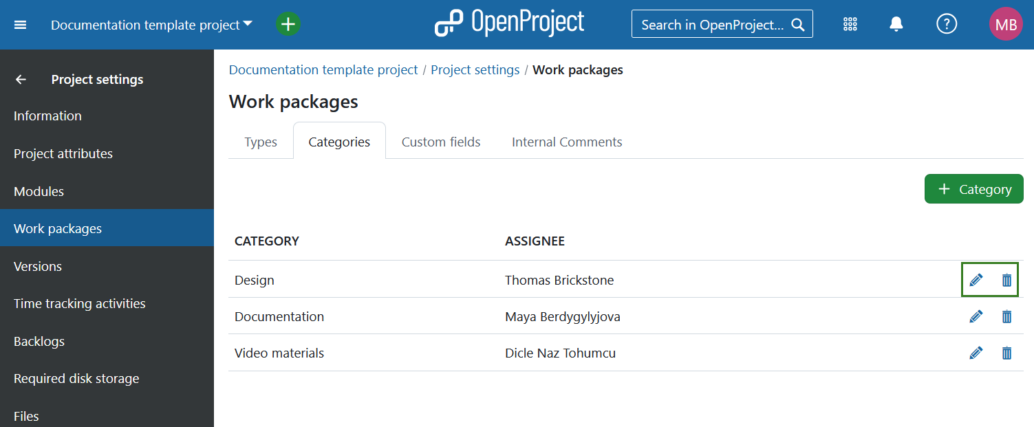 Editar ou eliminar uma categoria de pacote de trabalho nas definições do projeto no OpenProject