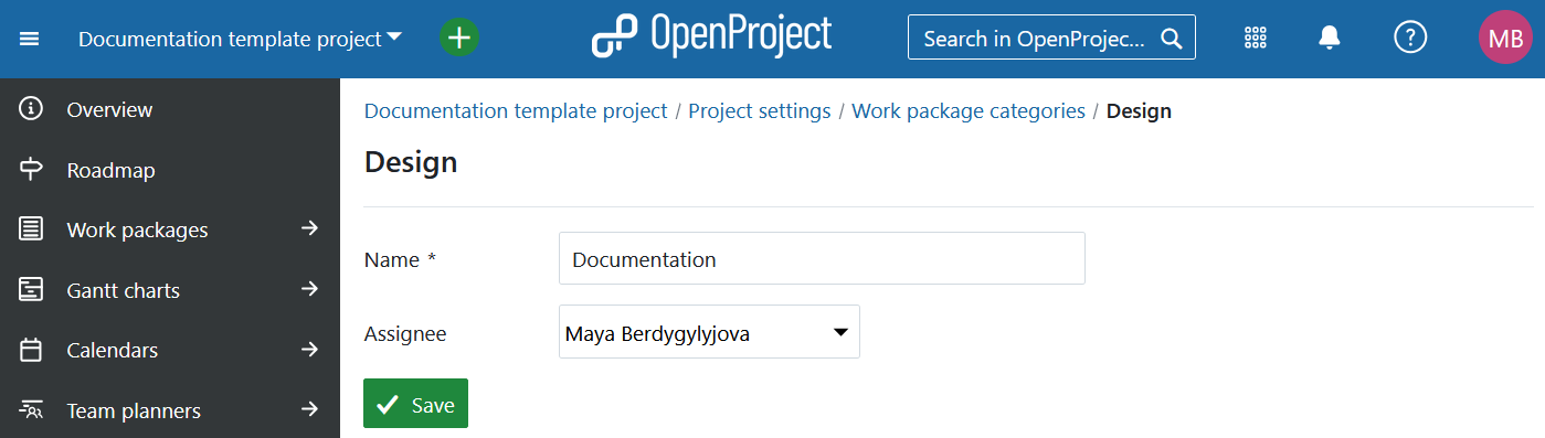 Ein Formular zum Erstellen einer neuen Arbeitspaket-Kategorie unter den Projekteinstellungen in OpenProject