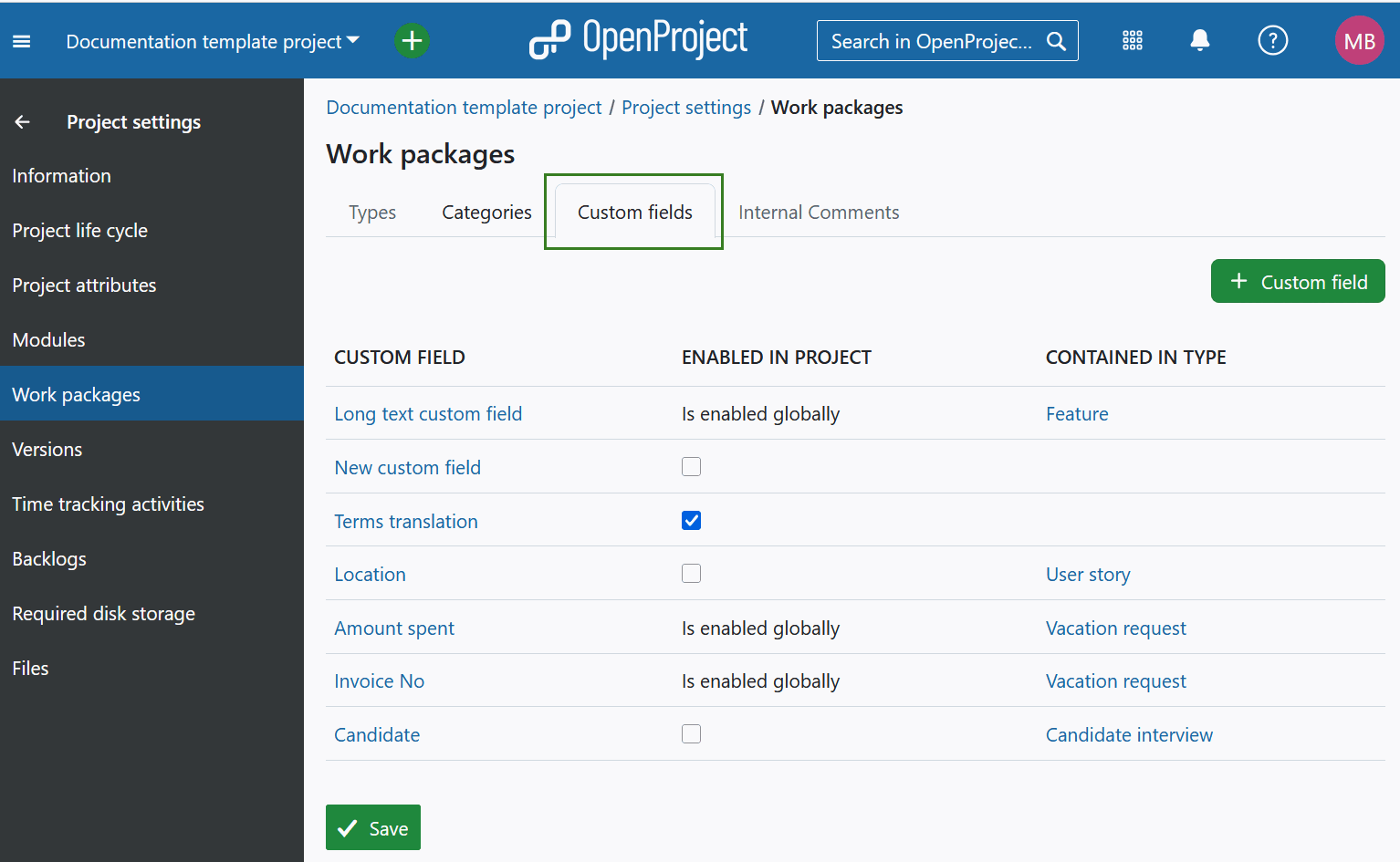 Ajustes de campos personalizados en los ajustes del proyecto OpenProject
