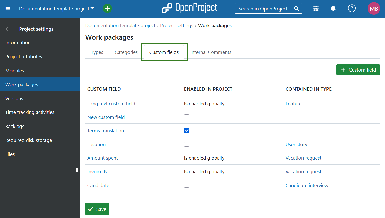 Definições de campos personalizados nas definições do projeto do OpenProject