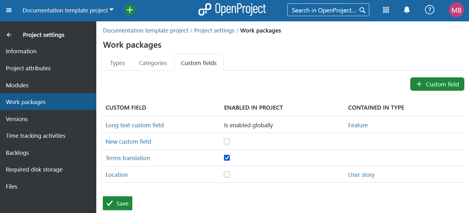 Selbstdefinierte Felder in den OpenProject Projekteinstellungen