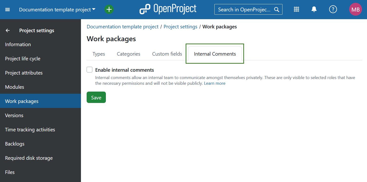 Interne Kommentare Einstellungen in OpenProject Projekteinstellungen