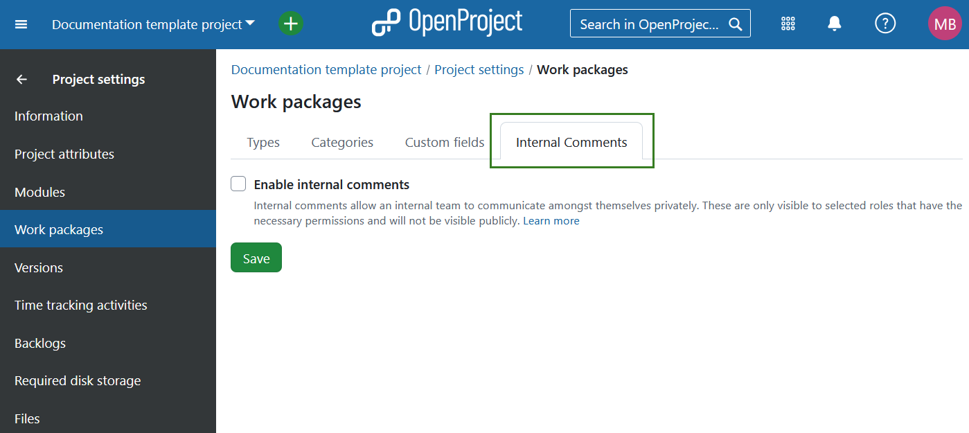 Internal comments settings in OpenProject project settings