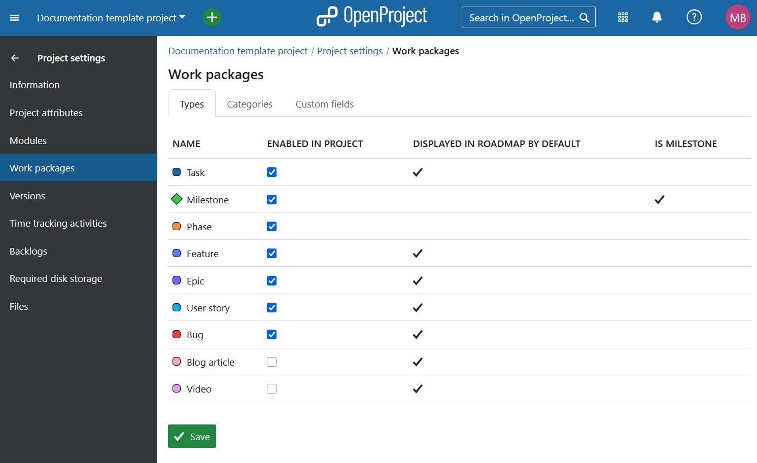 Arbeitspaket-Typen in der Projektkonfiguration in OpenProject