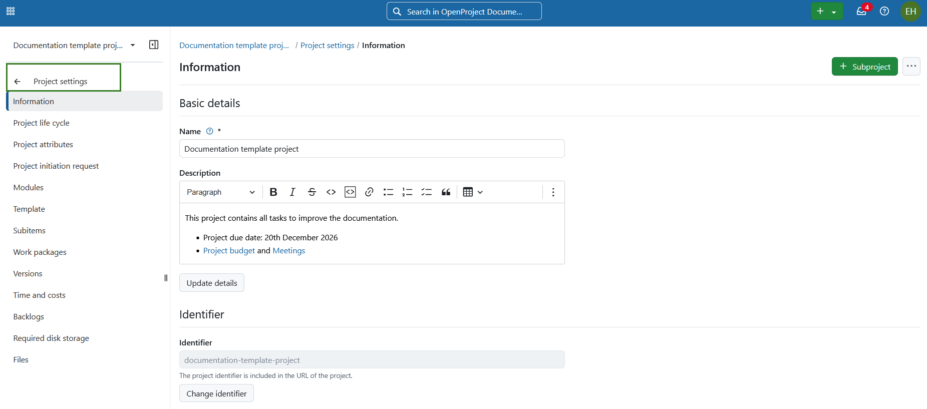 Information section under project settings module in OpenProject