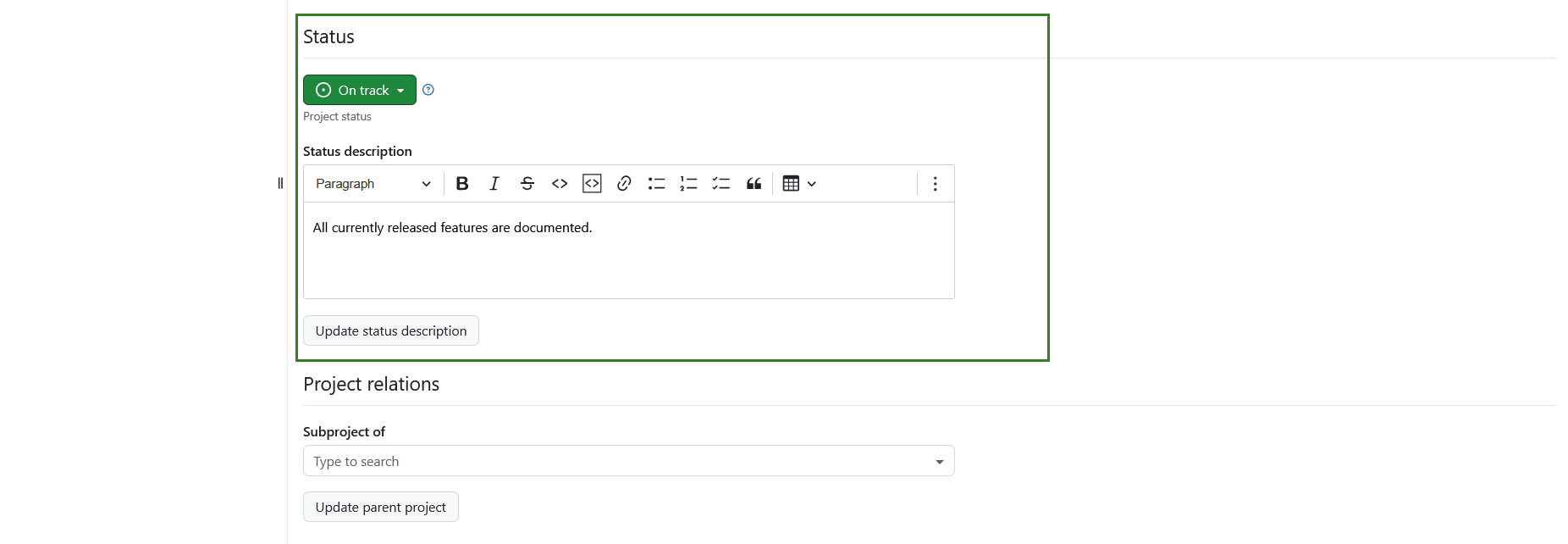 Project status section under project settings module in OpenProject