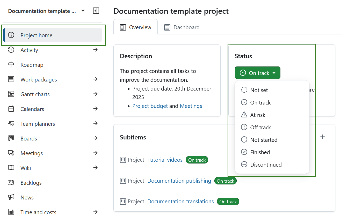Project status widget on a project overview page in OpenProject