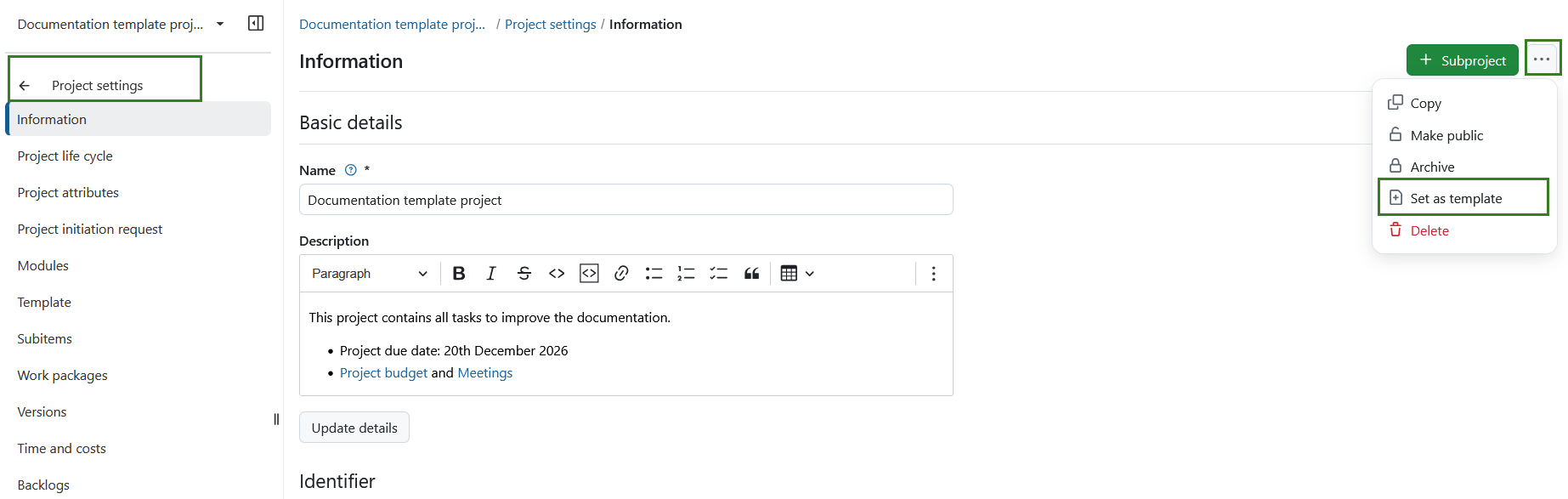 Icono para establecer un proyecto como plantilla en las configuraciones del proyecto en OpenProject