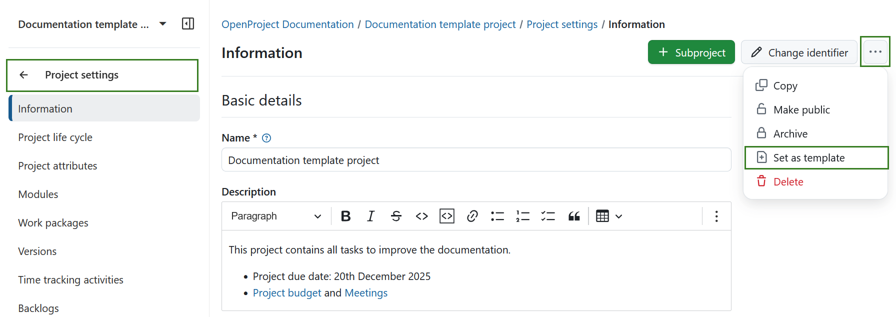 Icon, um ein Projekt als Vorlage unter den Projekteinstellungen in OpenProject