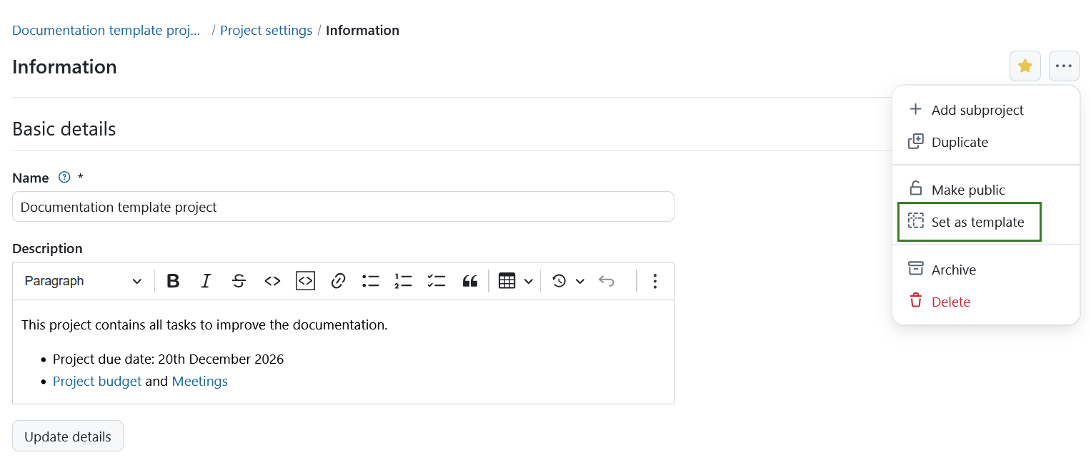 Menú «Más acciones» en la configuración del proyecto con la opción «Establecer como plantilla»