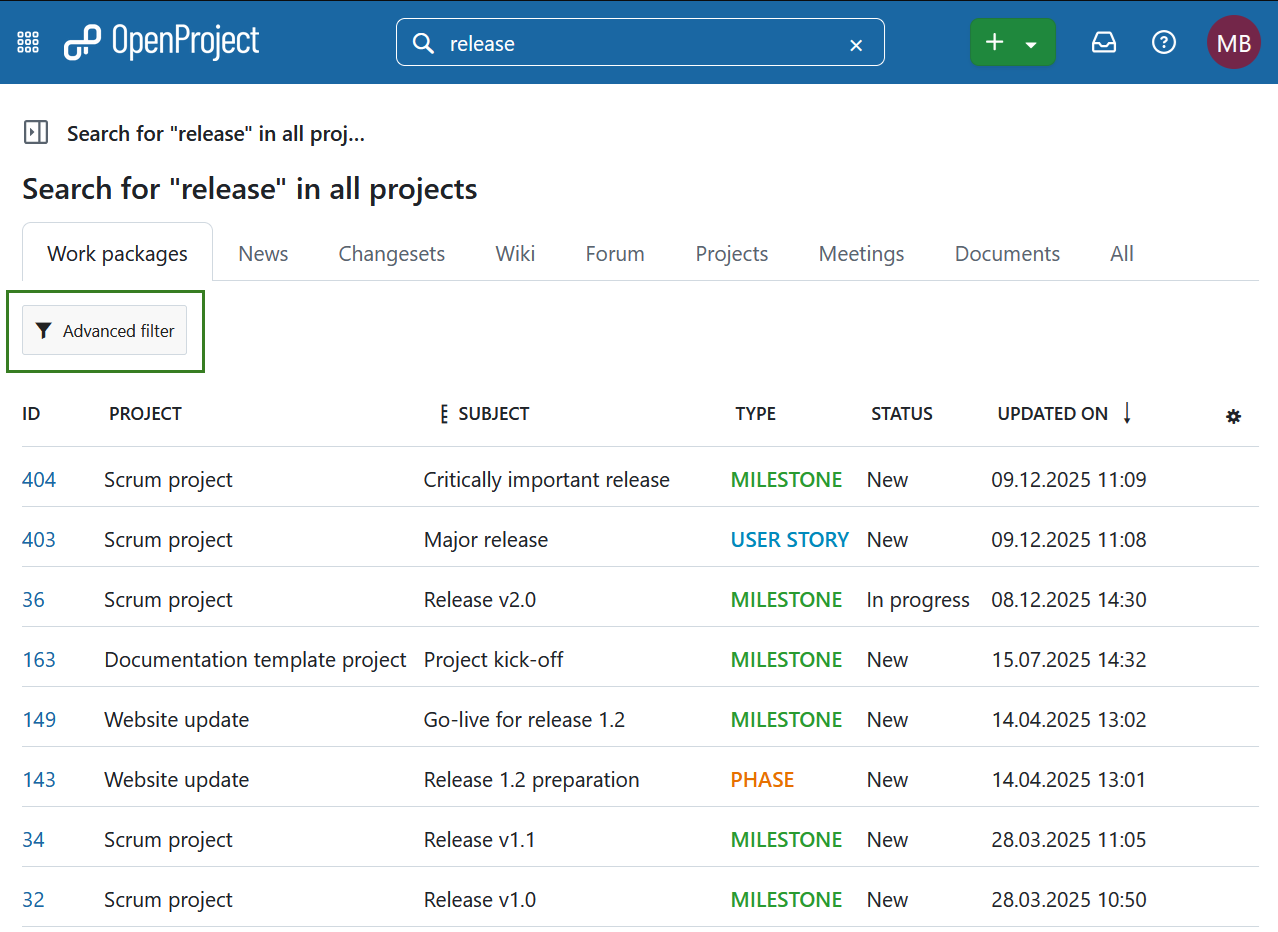 Advanced filter for work package search in OpenProject