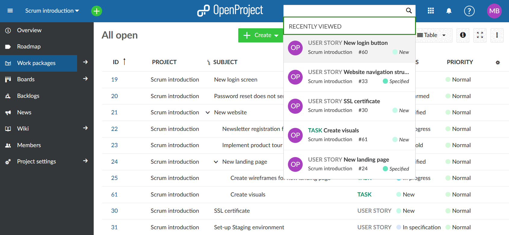 Pacotes de trabalho recentes do OpenProject
