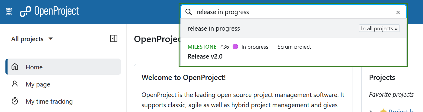 Search results for a global search using the keyword “release in progress” in OpenProject