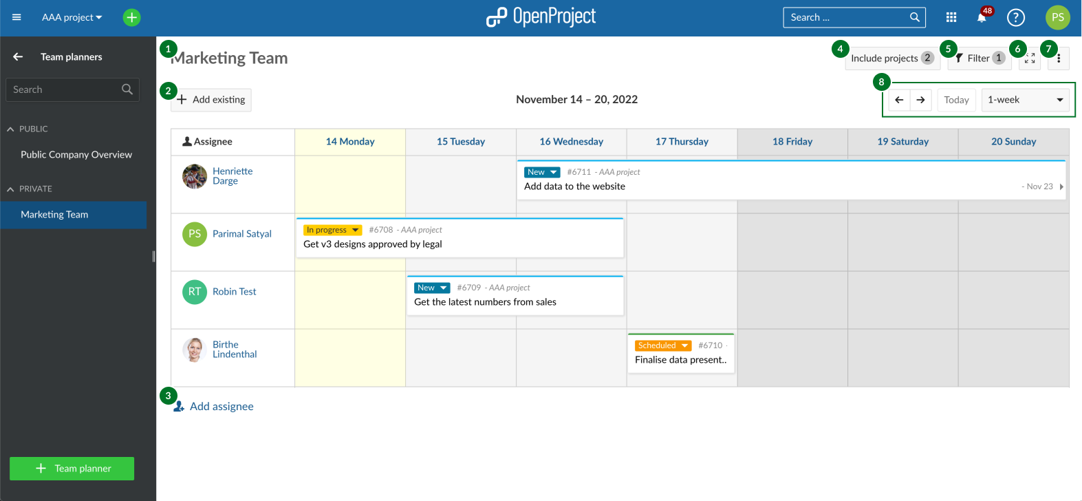 A screenshot of an example team planner with different functions highlighted