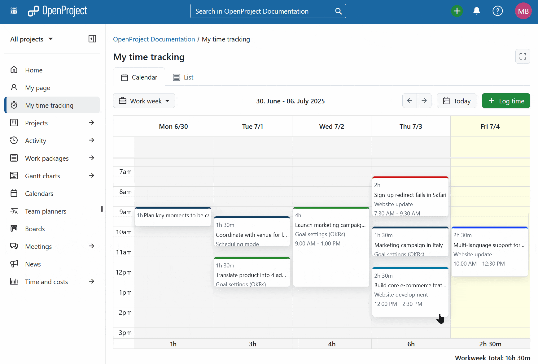 Ejemplo de registro del tiempo en el módulo Mi seguimiento del tiempo de OpenProject