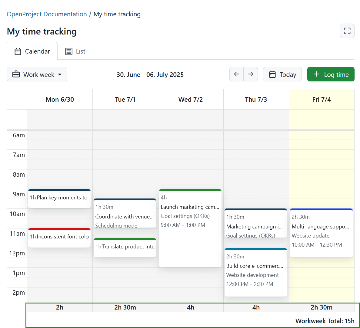 Sumas de horas mostradas en la parte inferior de la pestaña Calendario en el módulo Mi seguimiento del tiempo en OpenProject