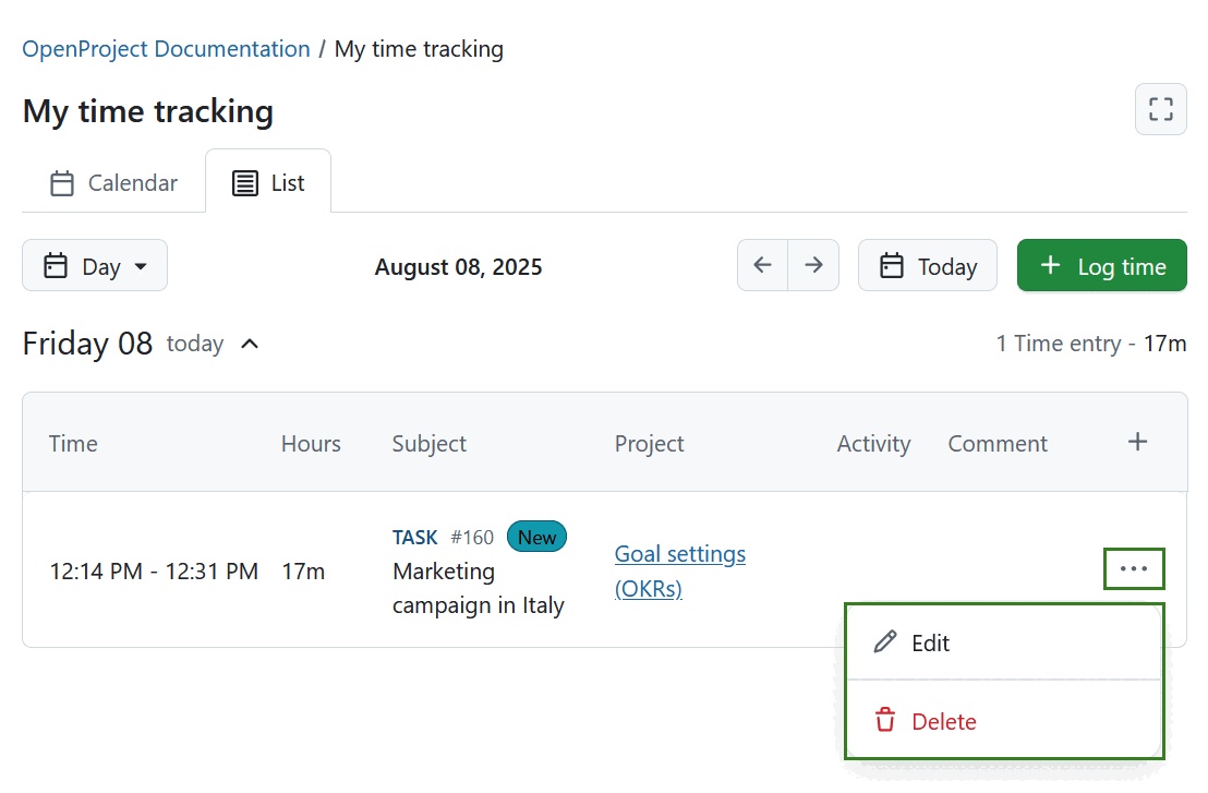 Ícone para editar ou apagar um registo de tempo no separador Lista do módulo O meu controlo de tempo no OpenProject