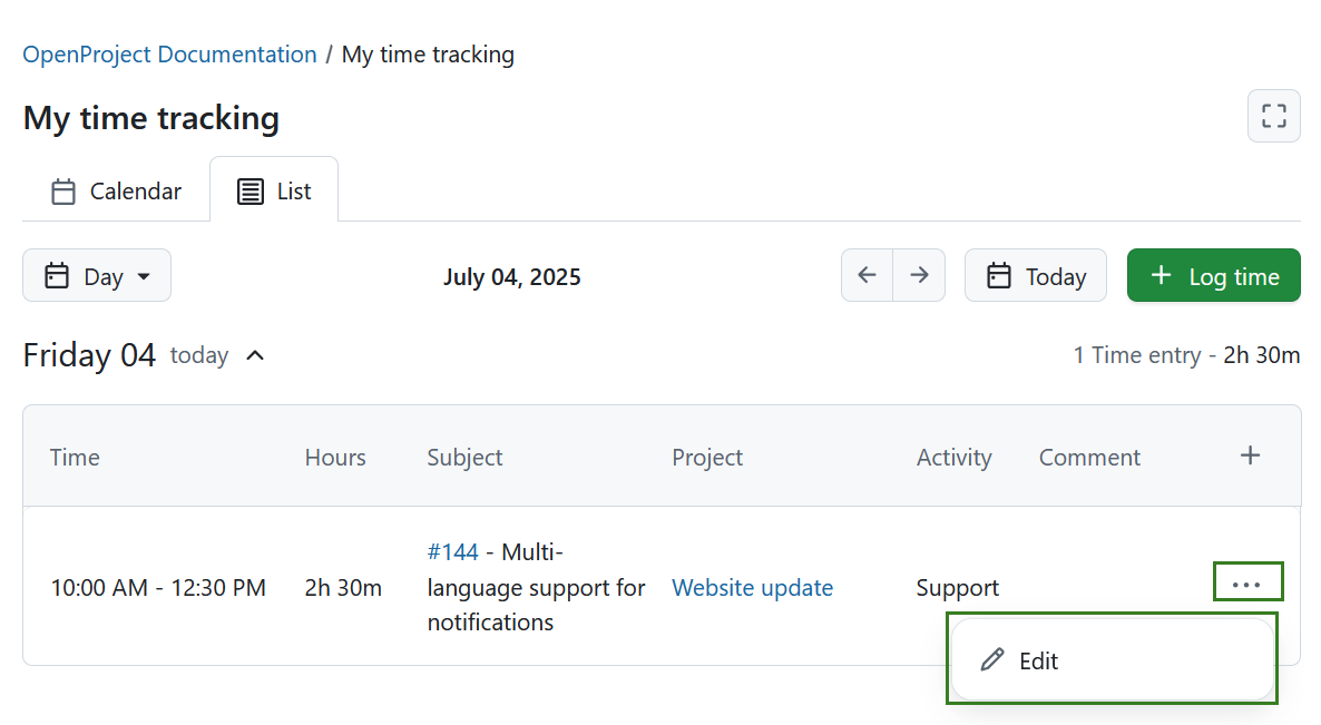 Icono para editar una entrada de tiempo en la pestaña Lista del módulo Mi seguimiento del tiempo en OpenProject