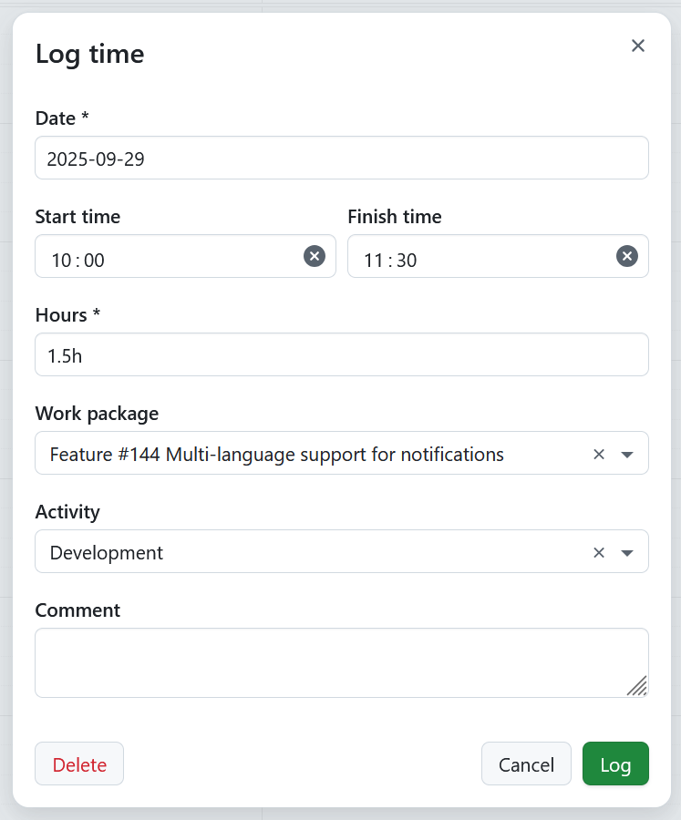 Fenêtre modale pour enregistrer le temps à partir du module Mon suivi du temps dans OpenProject
