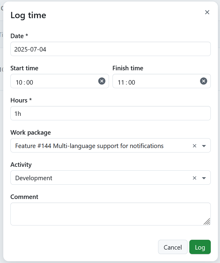 Modal para registrar el tiempo desde el módulo Mi seguimiento del tiempo en OpenProject