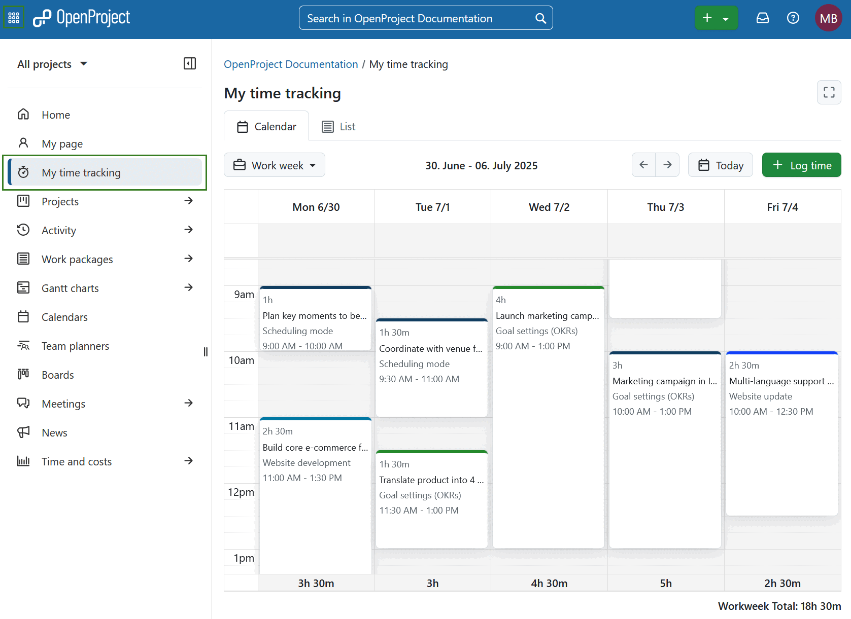 Síntese da minha página de controlo de tempo no OpenProject