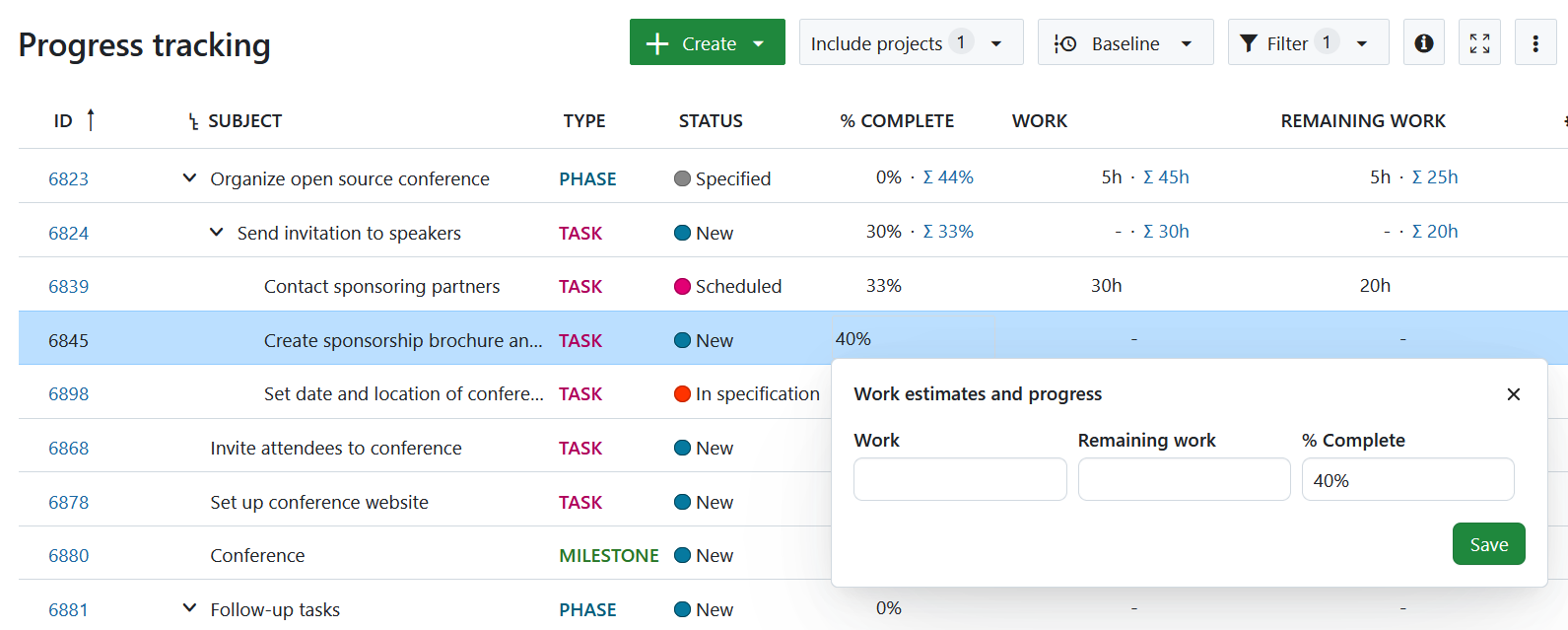 Introducción manual de valores para % completado en OpenProject