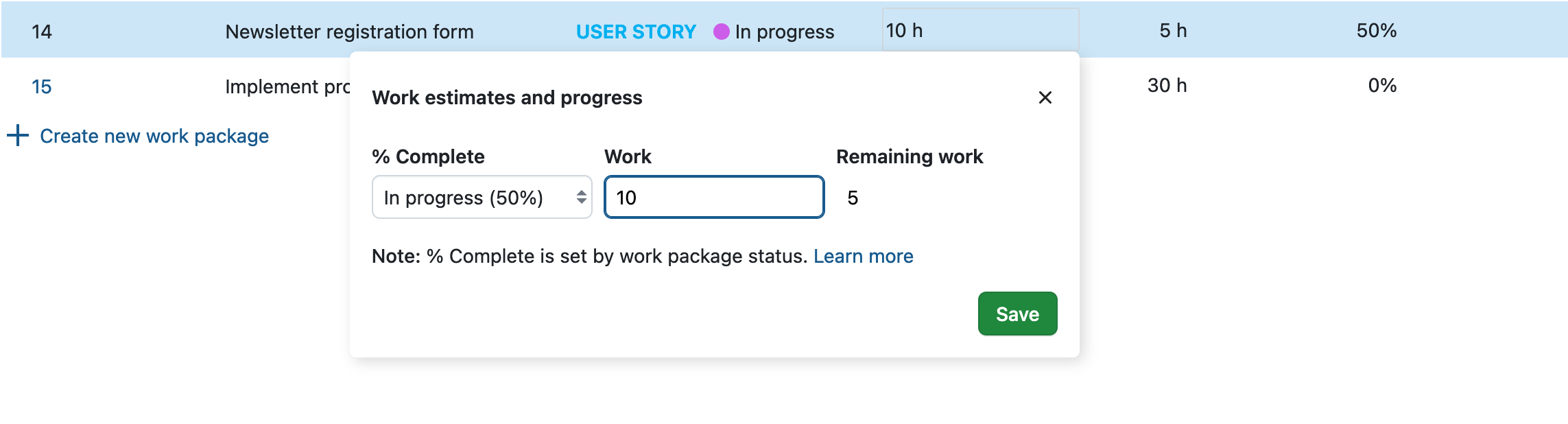 Work estimates and progress pop-over with status-based progress reporting