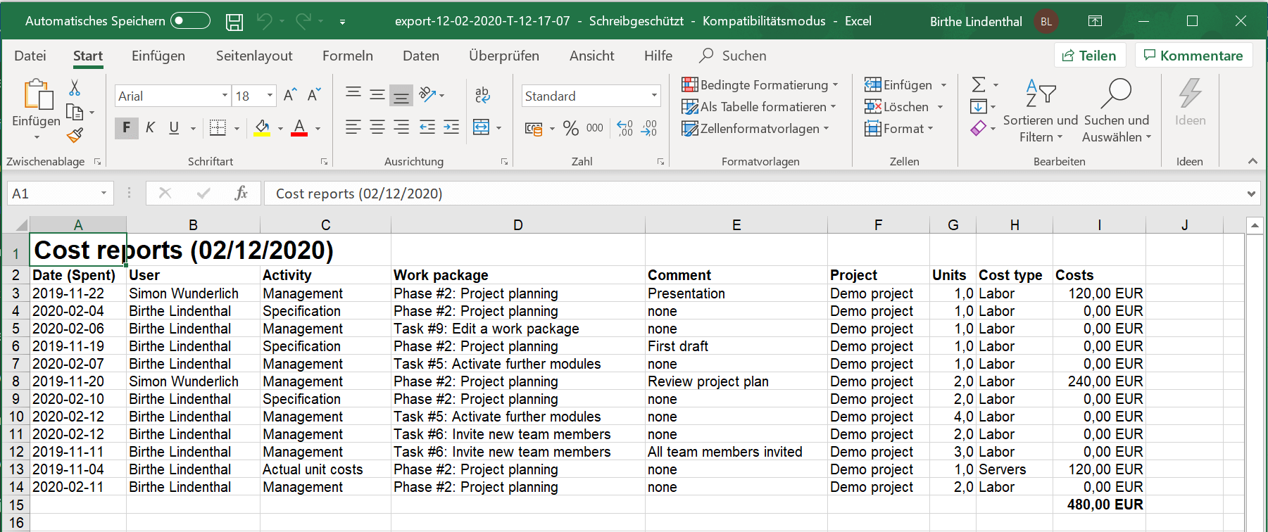 Excel export time and cost reports